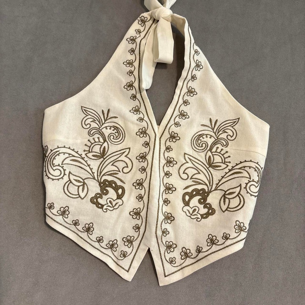 Cream halter crop top with brown floral and paisley embroidery no brand
